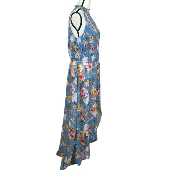 Venus Women's Maxi Cover Up Tunic Top XL Blue Floral Halter Smocked High Slit - Picture 4 of 11